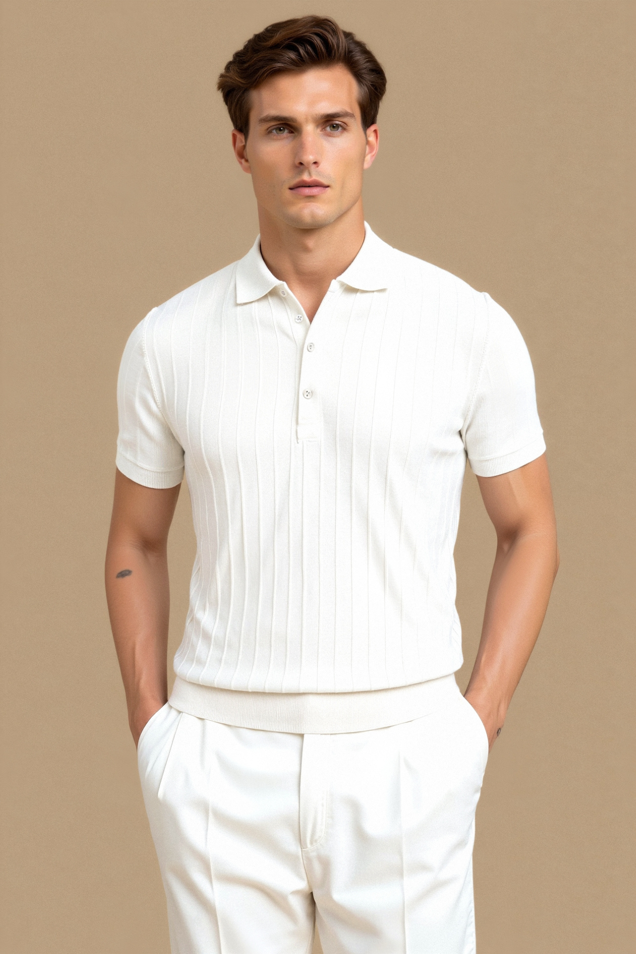 ertical Stripe Button-Up Polo